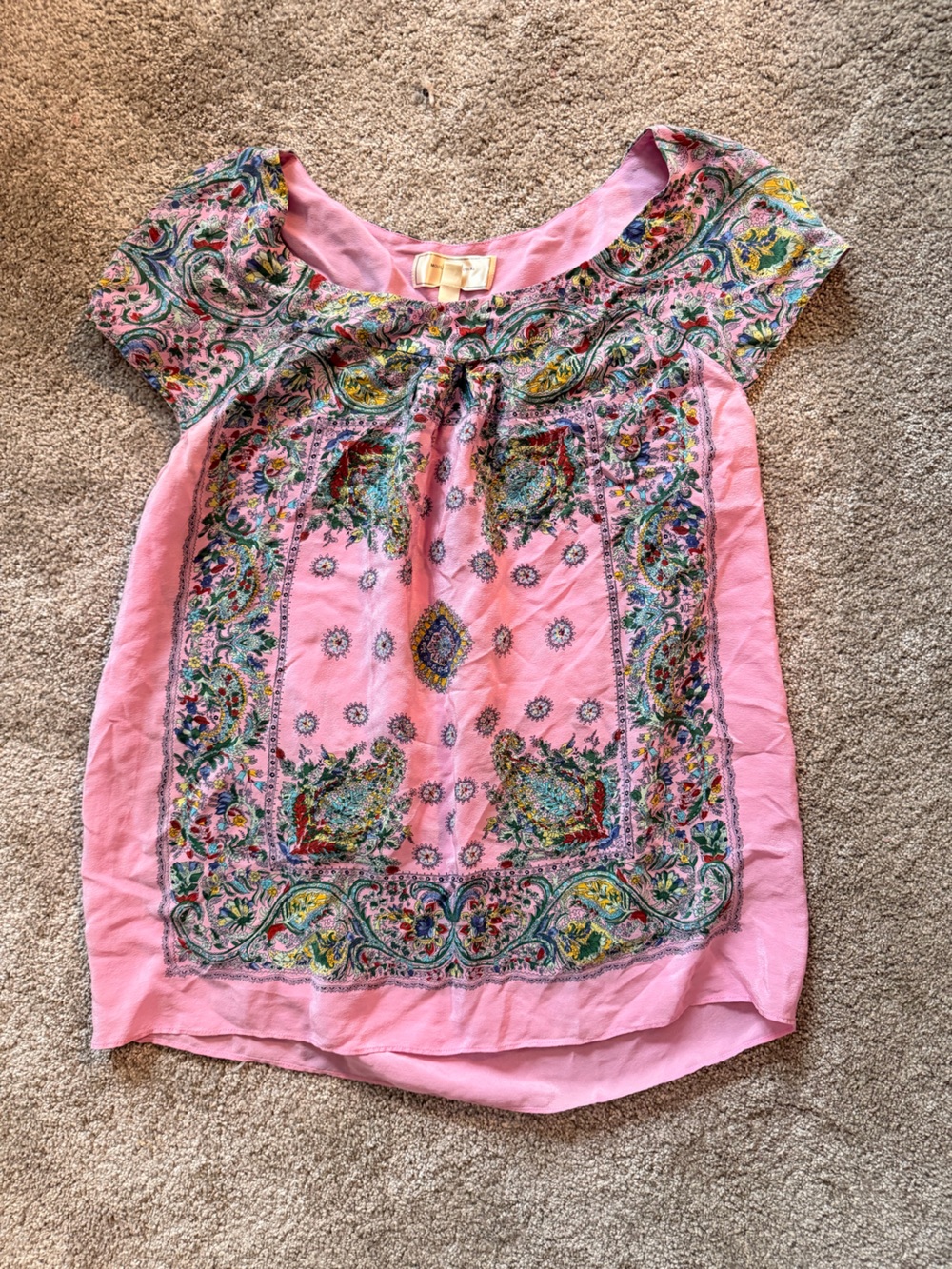 Moulinette Soeurs Pink Paisley Floral Short Sleeve Top 100% Silk
